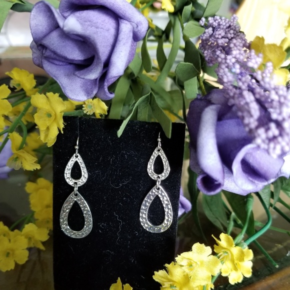 Silver Textured Double Teardrop Earring Set #120 - Picture 3 of 4